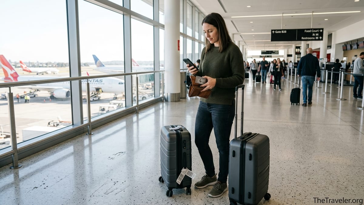 Traveller at Sydney Airport checking a premium credit card and phone beside luggage.