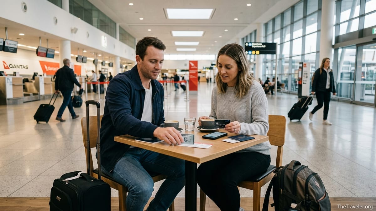 Australian travellers at Sydney Airport comparing an Amex Explorer card and an ANZ Rewards Black card before an international