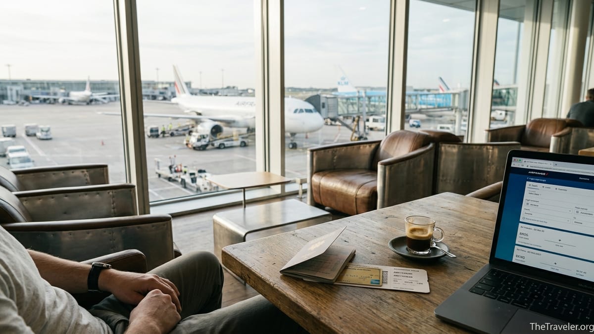 Traveler with an American Express Flying Blue Gold card in an airport lounge overlooking Air France and KLM aircraft.