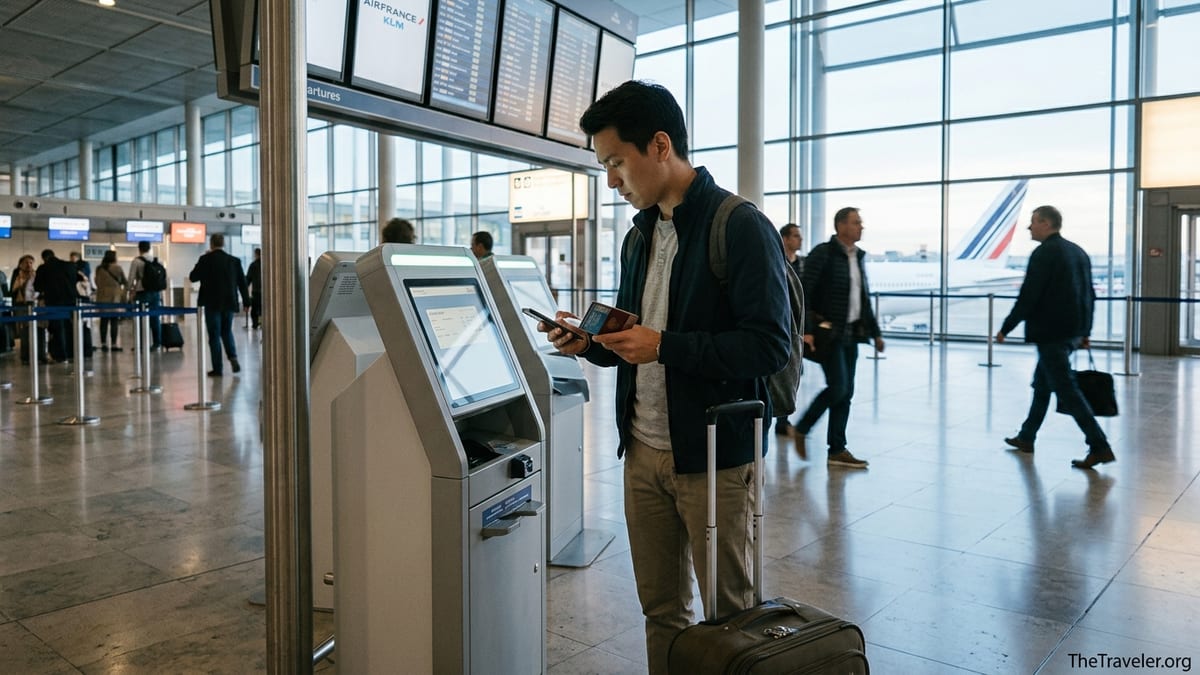 Traveler with Amex card reviewing Flying Blue Gold details at an airport kiosk.