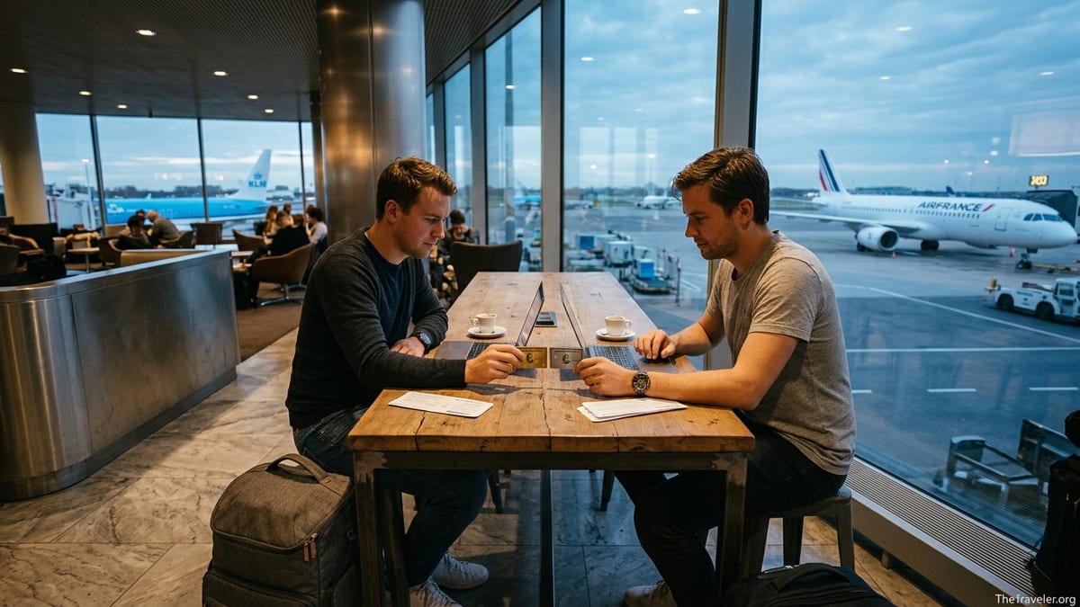 Two travelers compare American Express Flying Blue Gold and Platinum cards in an airport lounge overlooking KLM and AirFrance