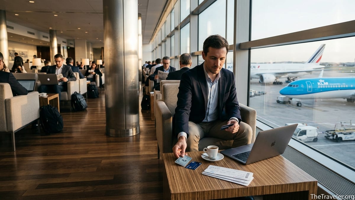 Traveler with American Express and Flying Blue Platinum cards in an Air France KLM lounge overlooking aircraft.