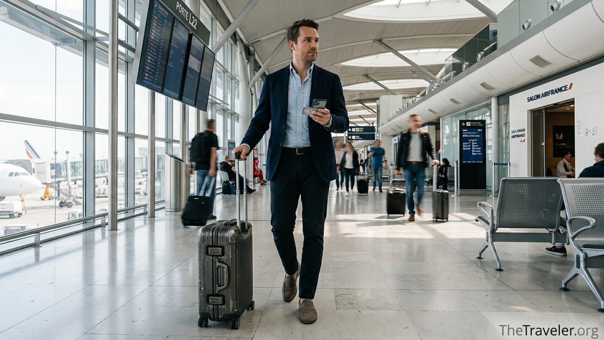 Traveler holding Amex Platinum and Flying Blue Platinum pass walking through a European airport terminal.