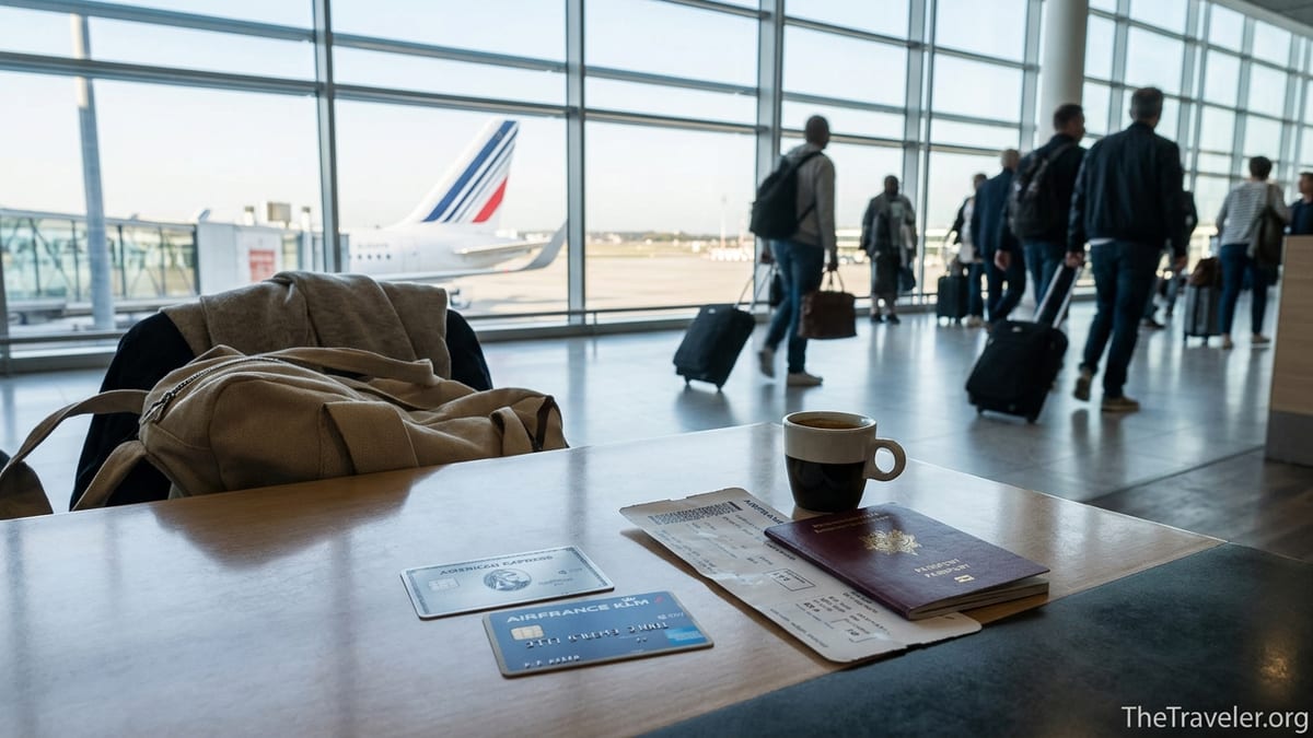 Traveler comparing Flying Blue American Express Platinum and Gold cards at an airport café.