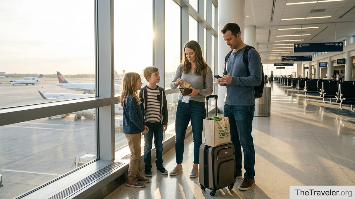 Family at airport window using a gold credit card before boarding a flight