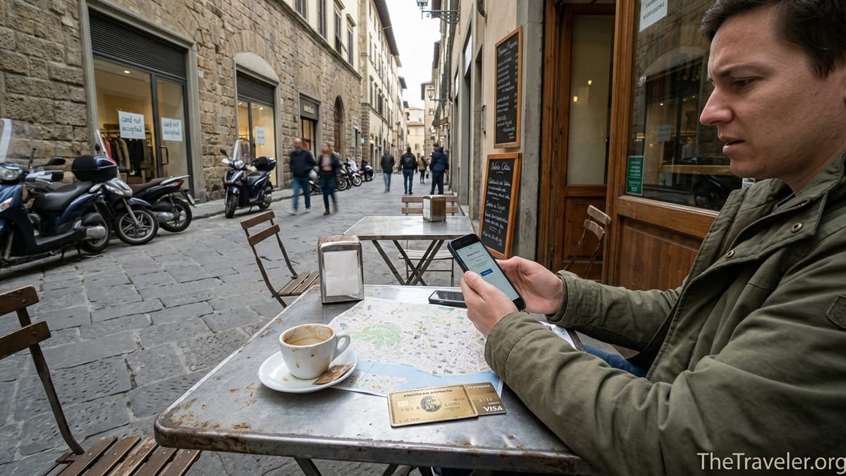 Traveler at a European café table struggling with card payment, Amex Gold and backup card visible.
