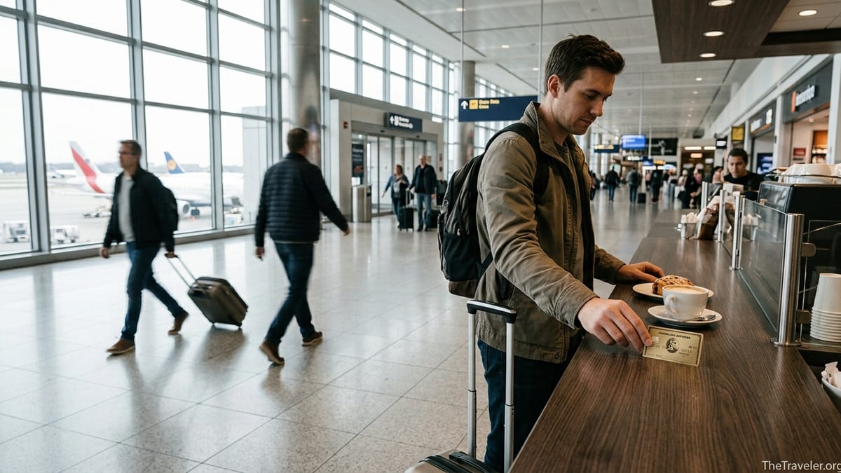 Traveler paying at an airport cafe with an American Express Gold Card.