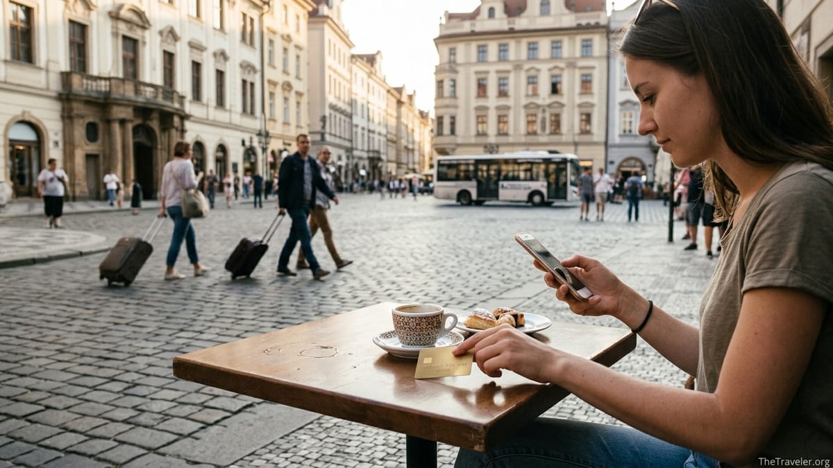 Traveler using a gold credit card at a sunny outdoor café while planning a trip.