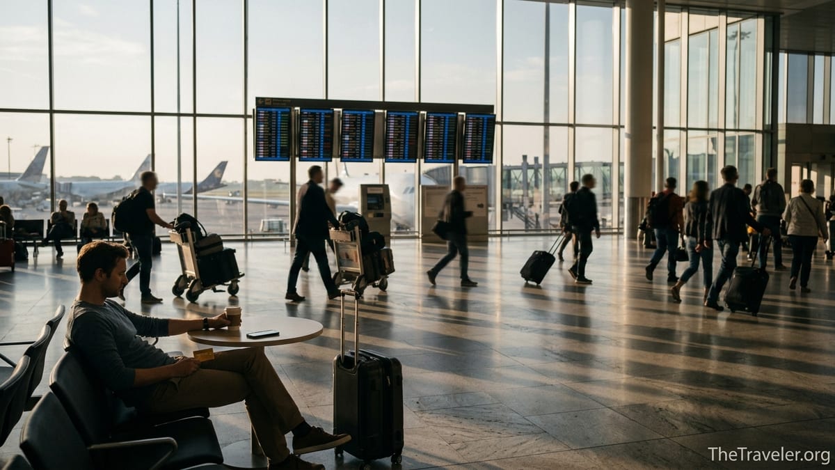 Traveler in an airport café with suitcase and gold credit card at sunset.