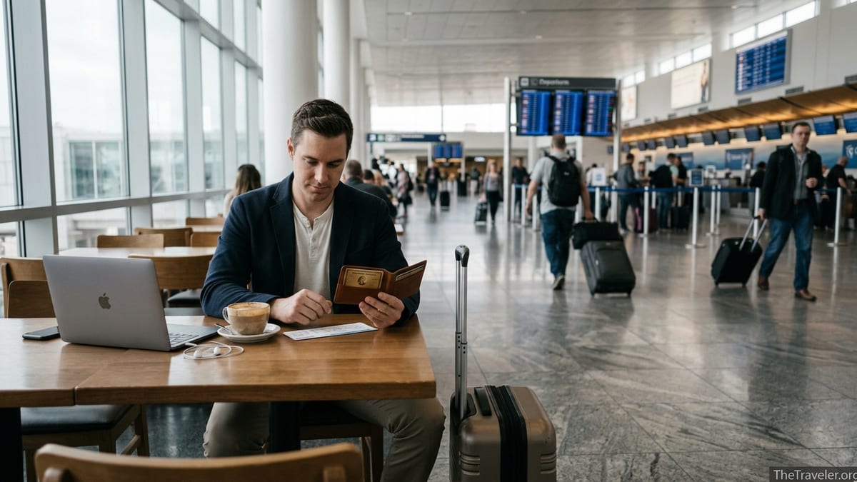 Traveler holding an American Express Gold Card at an airport café before a flight