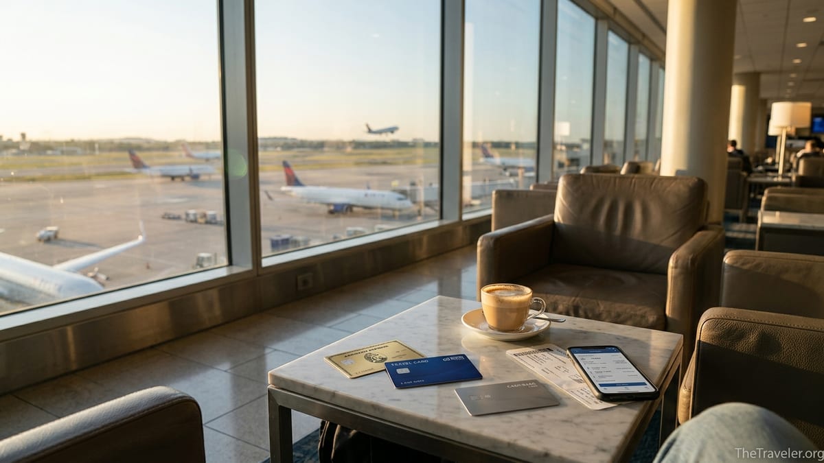 Airport lounge table with travel credit cards and coffee overlooking runway at sunset.