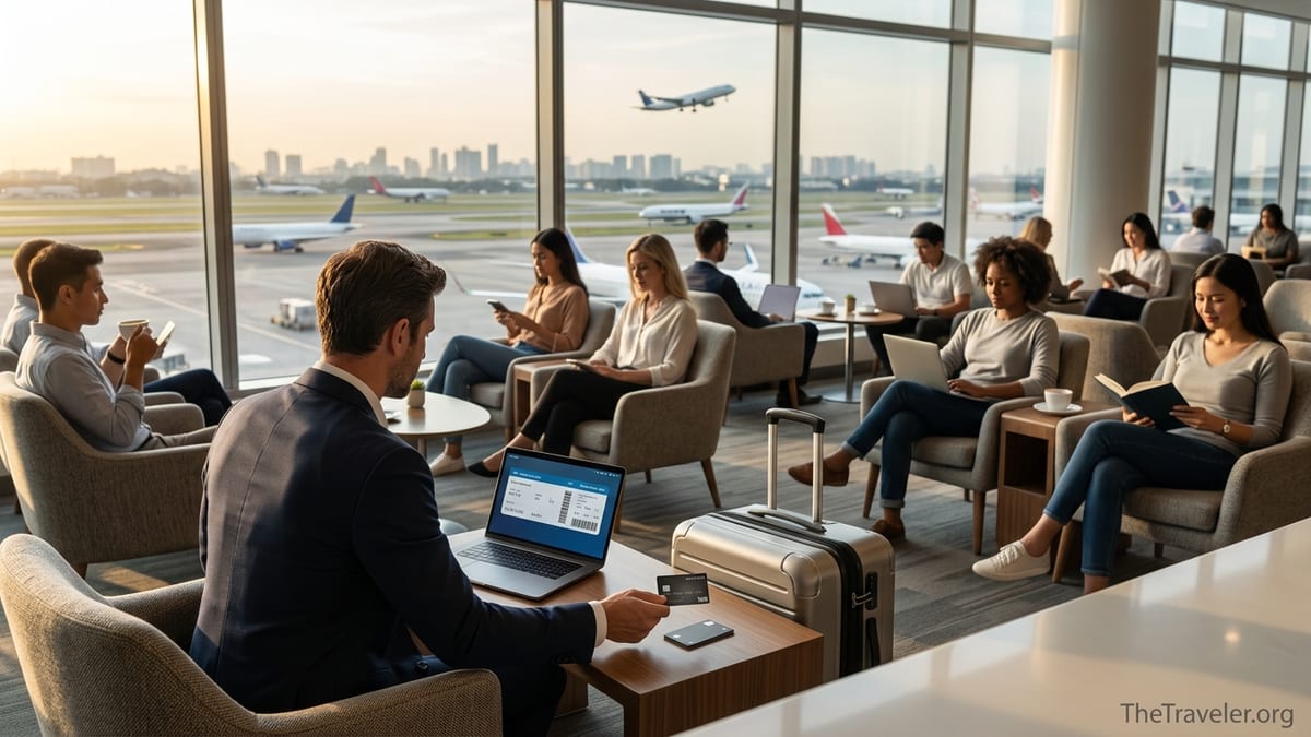 Traveler uses a premium credit card in a bright airport lounge overlooking the runway.