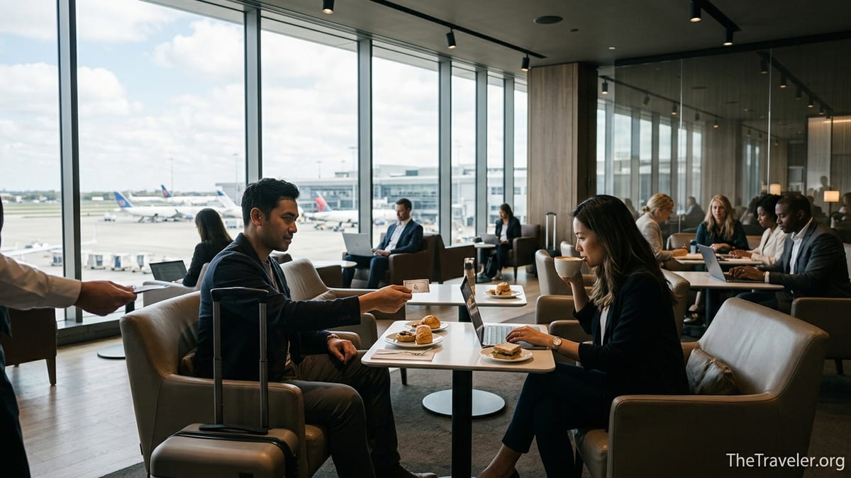Traveler using a premium credit card in a bright airport lounge with runway views.