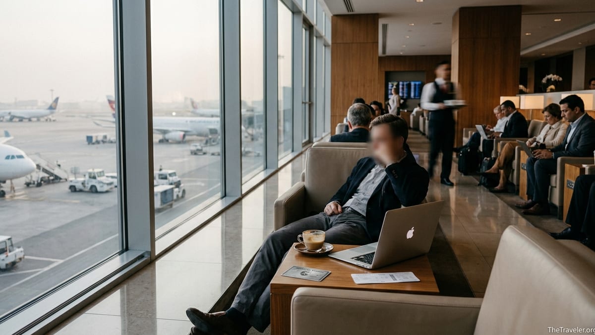 Traveler in an airport lounge with an American Express Platinum Card on a table by the window.