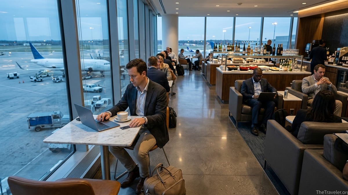 Traveler using an American Express Platinum Card inside a busy airport lounge at dusk.