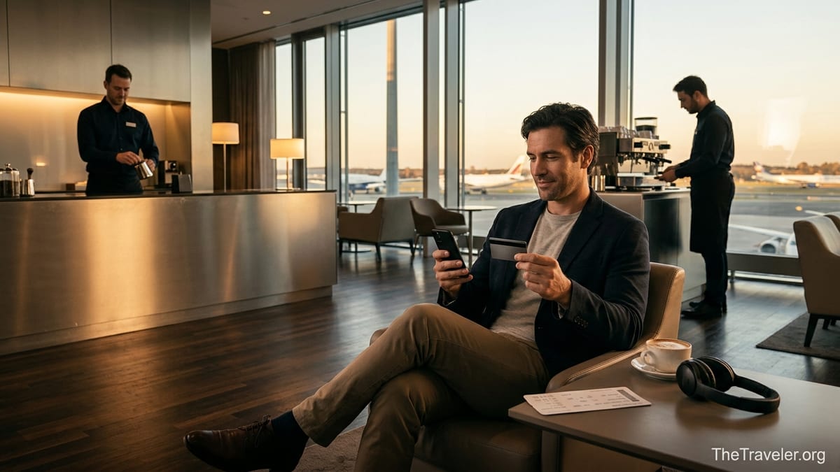 Traveler holding a metal card in an airport lounge overlooking the runway at dusk.