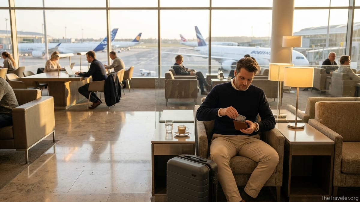 Traveler using a premium credit card in an upscale airport lounge at sunset.
