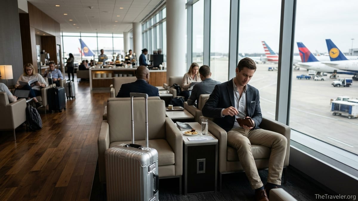 Traveler using a premium credit card in a bright airport lounge with runway views.
