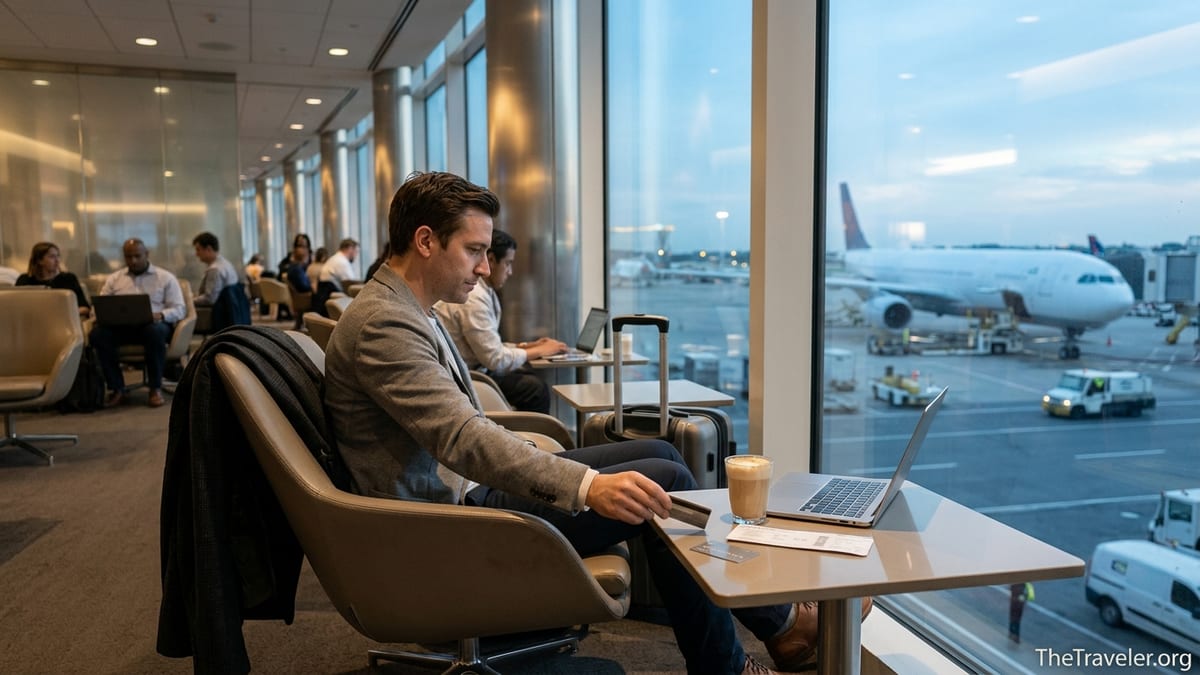 Traveler using airport lounge with credit card, laptop, and boarding pass at table near large window.