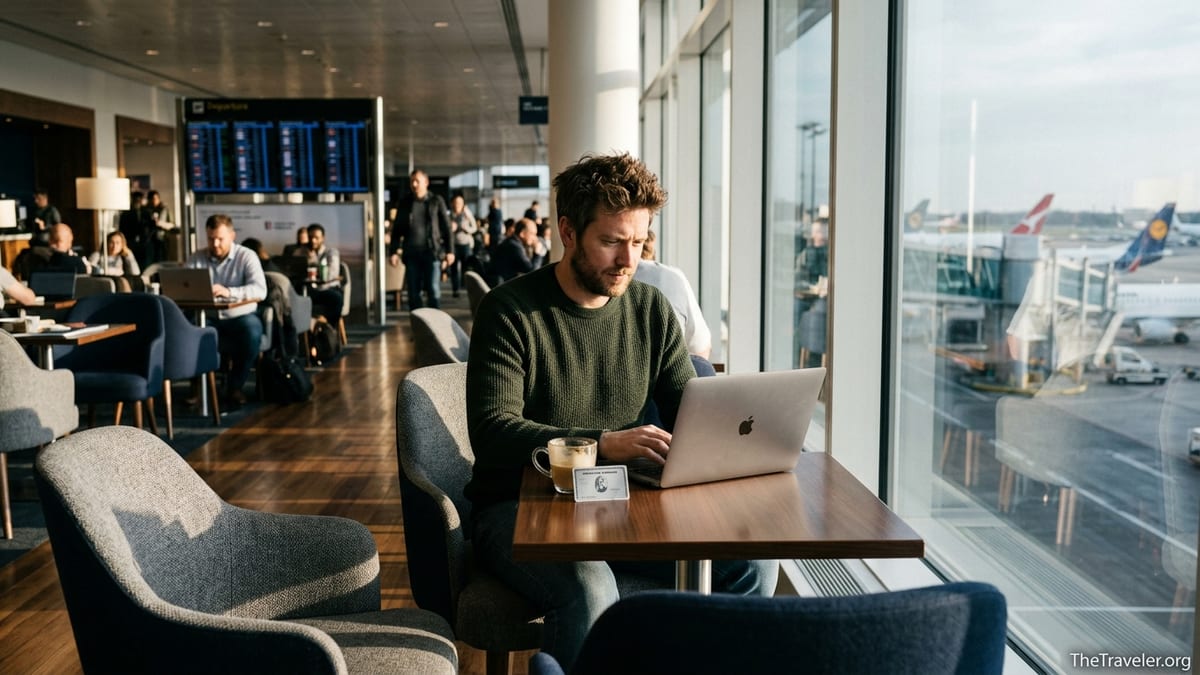 Traveler working in an airport lounge with an American Express Platinum Card on the table.