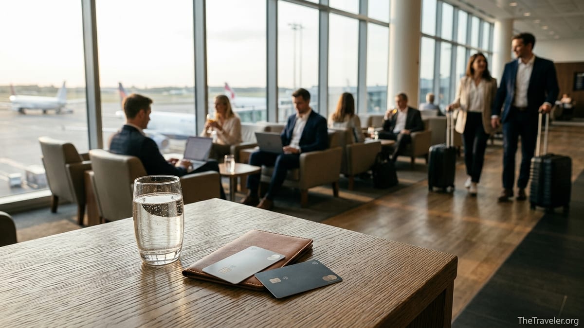 Travelers in a modern airport lounge at sunset with two premium credit cards on a table.