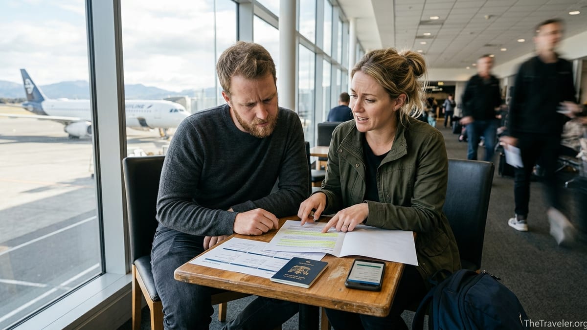 New Zealand couple reviewing travel insurance documents in an airport departure lounge.