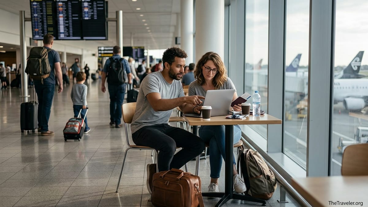 Couple at a New Zealand airport café reviewing travel insurance on a laptop before departure.