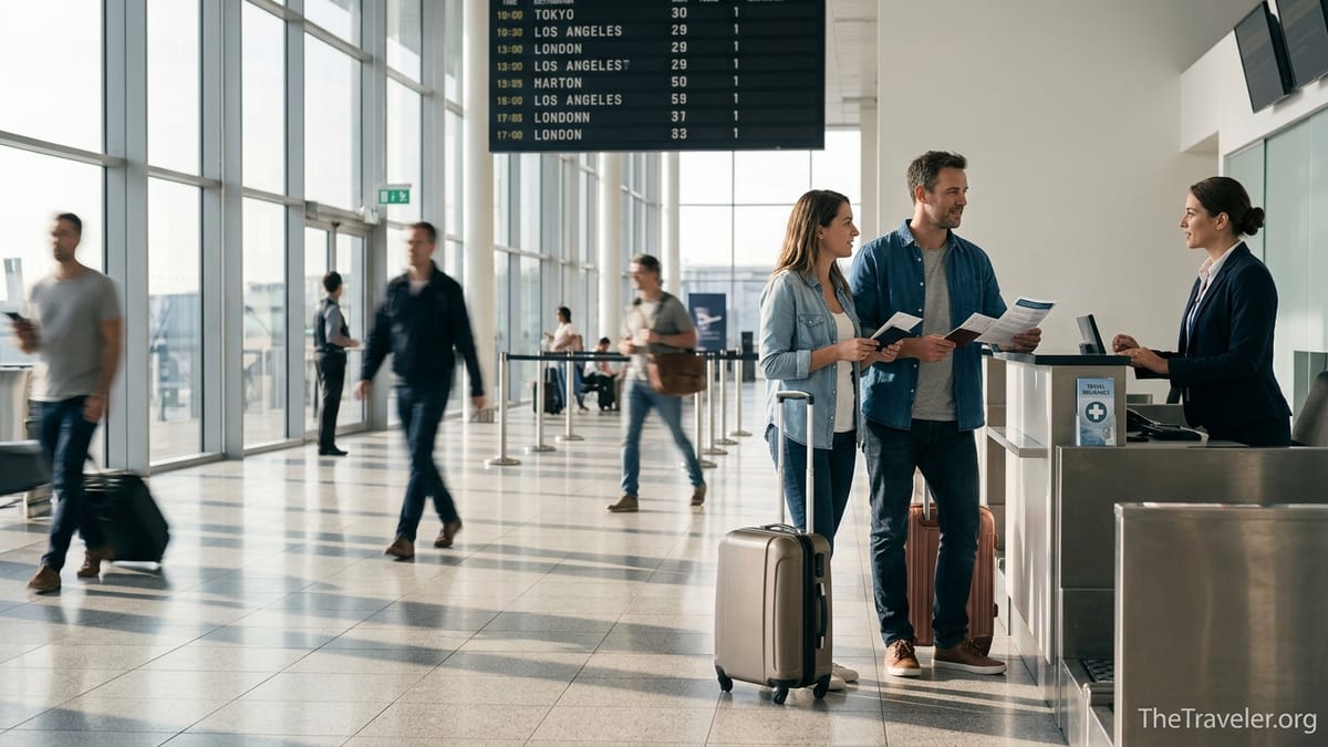 Couple at an airport check in counter discussing travel insurance before an international flight.