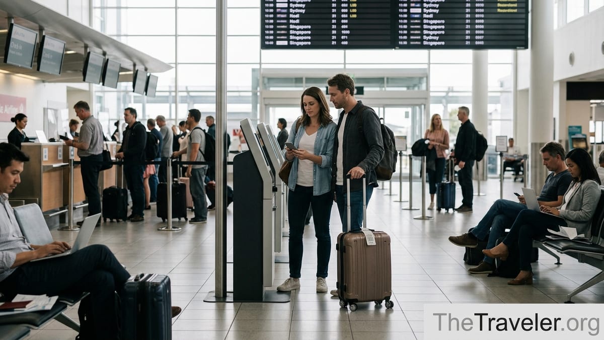 Travelers at Auckland airport checking documents before departure, considering travel insurance.
