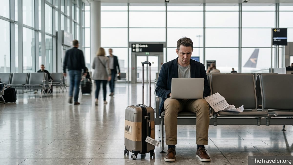 Concerned traveller reading a travel insurance document in an airport departure lounge.