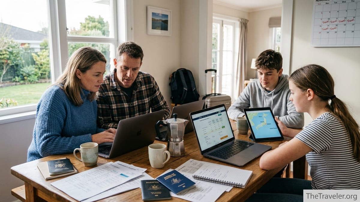 New Zealand family comparing travel insurance options at home while planning a trip.