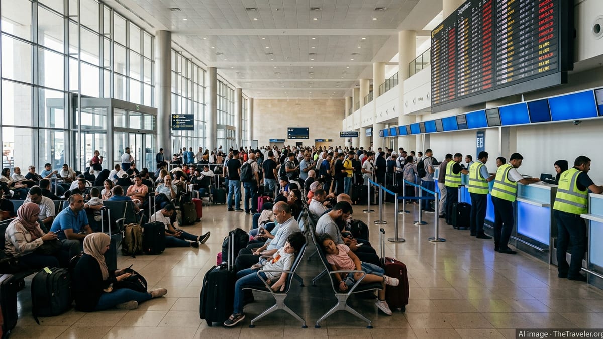 Stranded passengers waiting with luggage under a departure board showing cancelled and delayed flights in Amman airport.