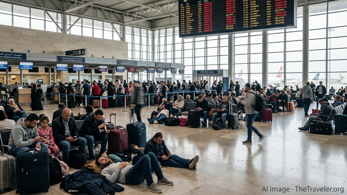 Crowded terminal at Amman’s Queen Alia Airport with stranded travellers waiting under boards showing cancelled and delayed ﬂ 