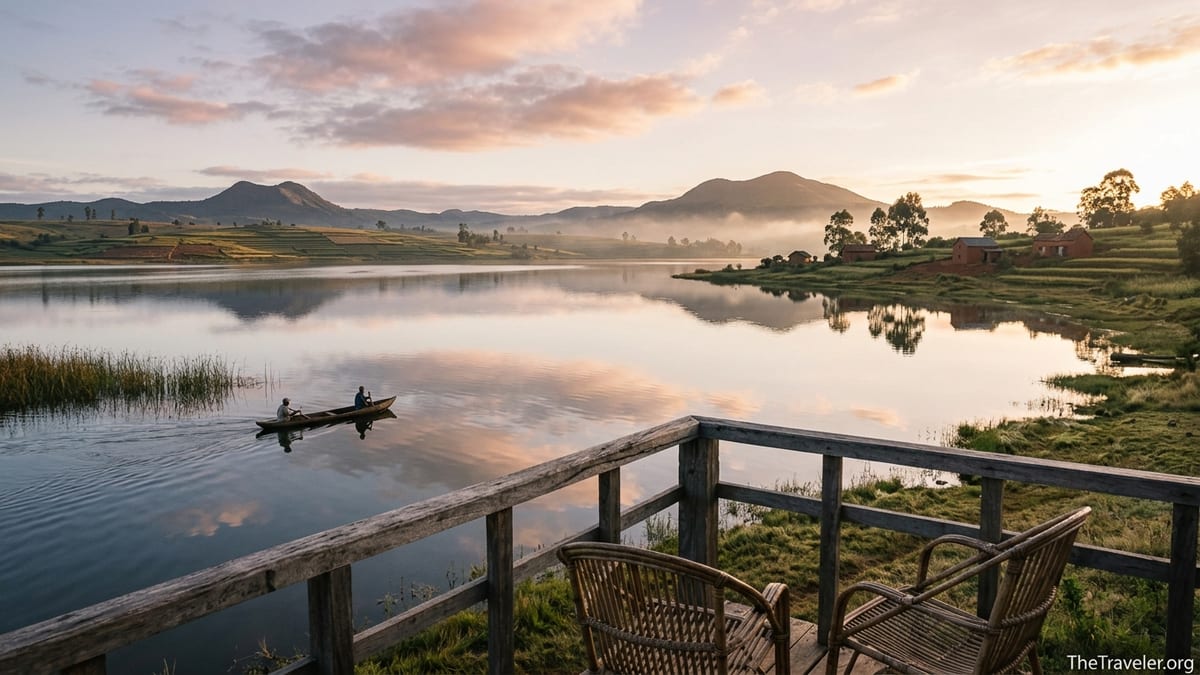 Sunrise over Lake Itasy near Ampefy with fishing pirogue and highland hills.