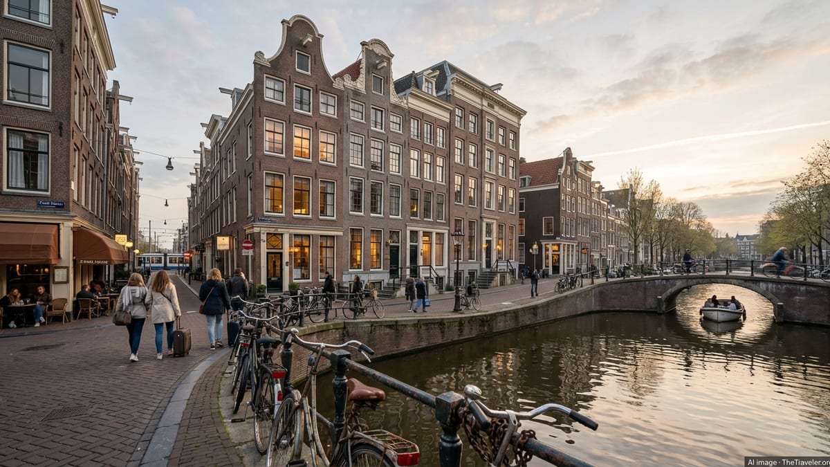 Early evening scene of Amsterdam canal with historic townhouses and bridge.