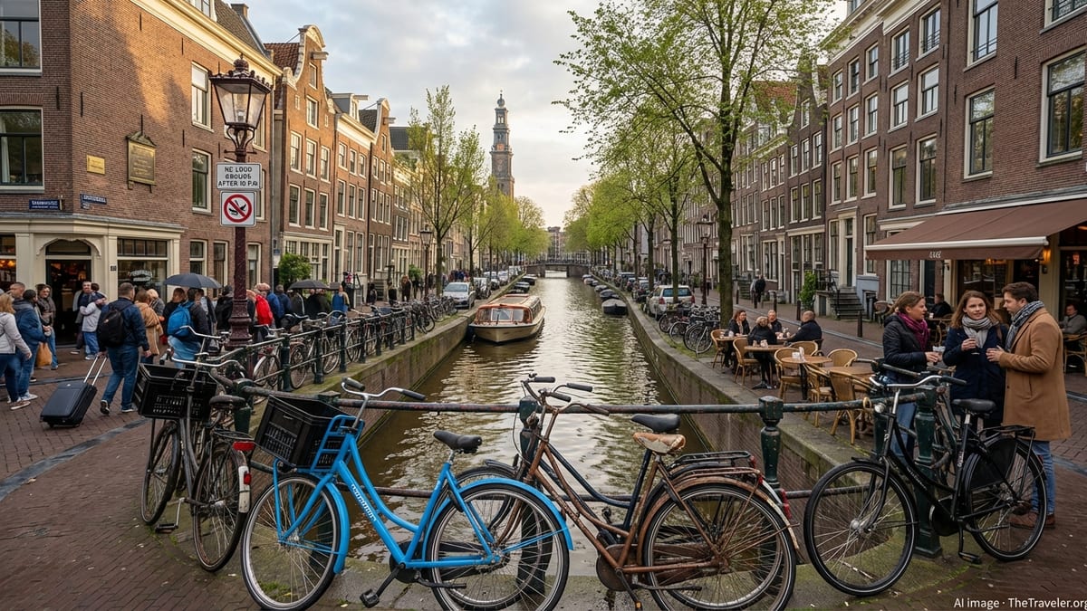 Amsterdam canal at golden hour with historic houses, relaxed café scene, and overtourism hints.