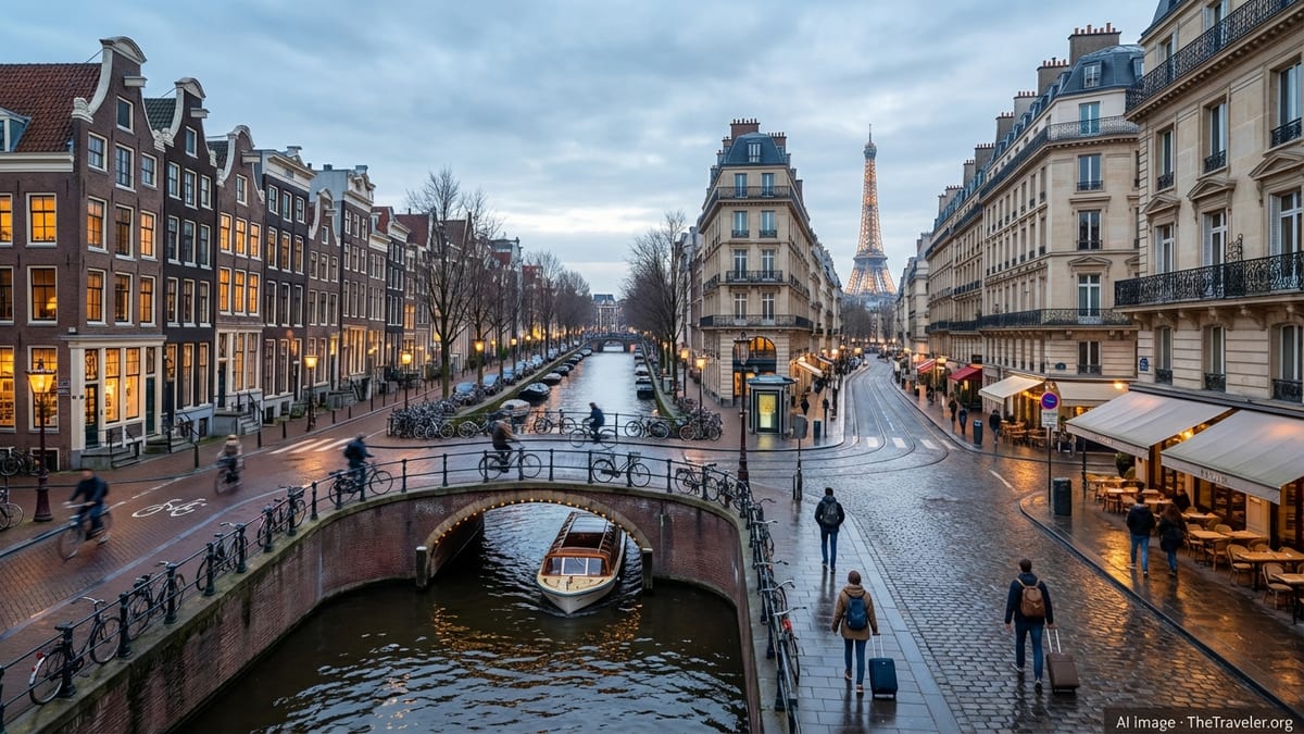 Split view of Amsterdam's canal and Paris's boulevard at dusk.