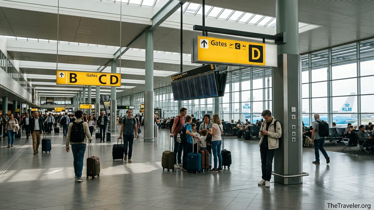Busy departures hall at Amsterdam Schiphol Airport with travelers, signs and KLM planes outside.