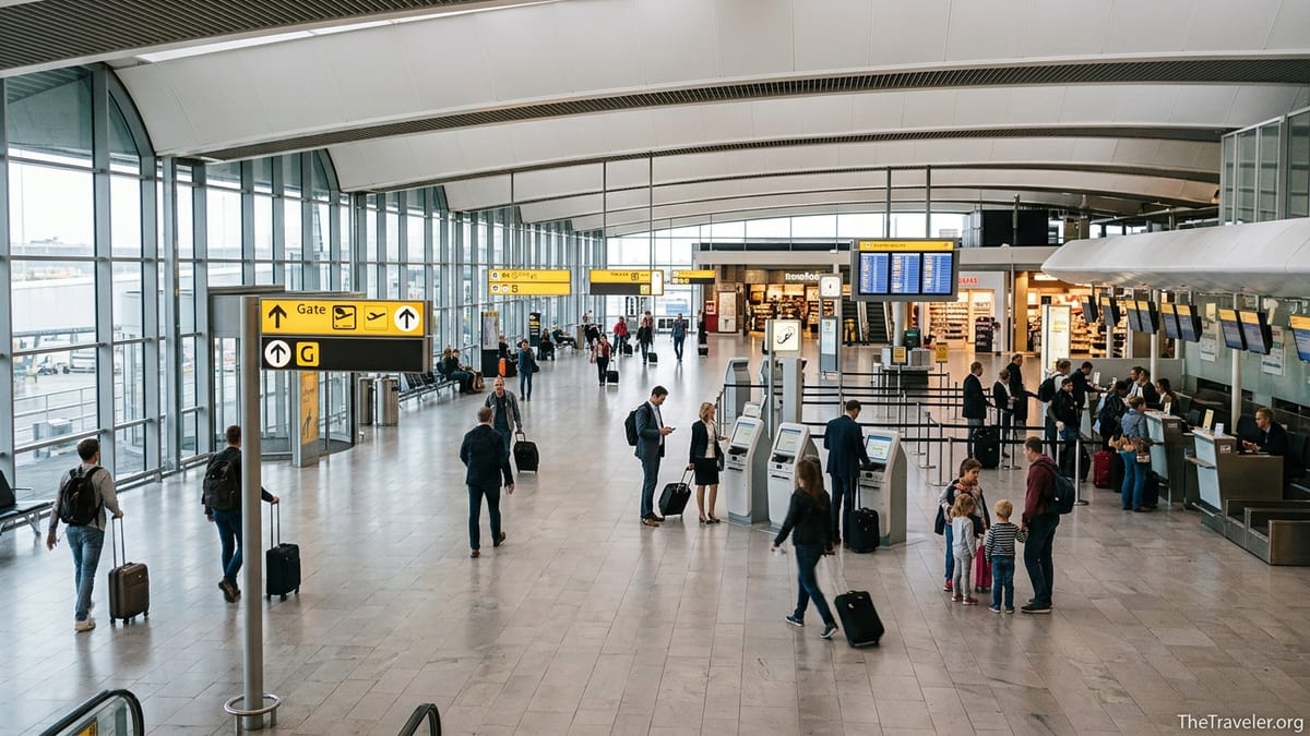 Busy departures hall at Amsterdam Schiphol Airport with travelers and yellow gate signs.