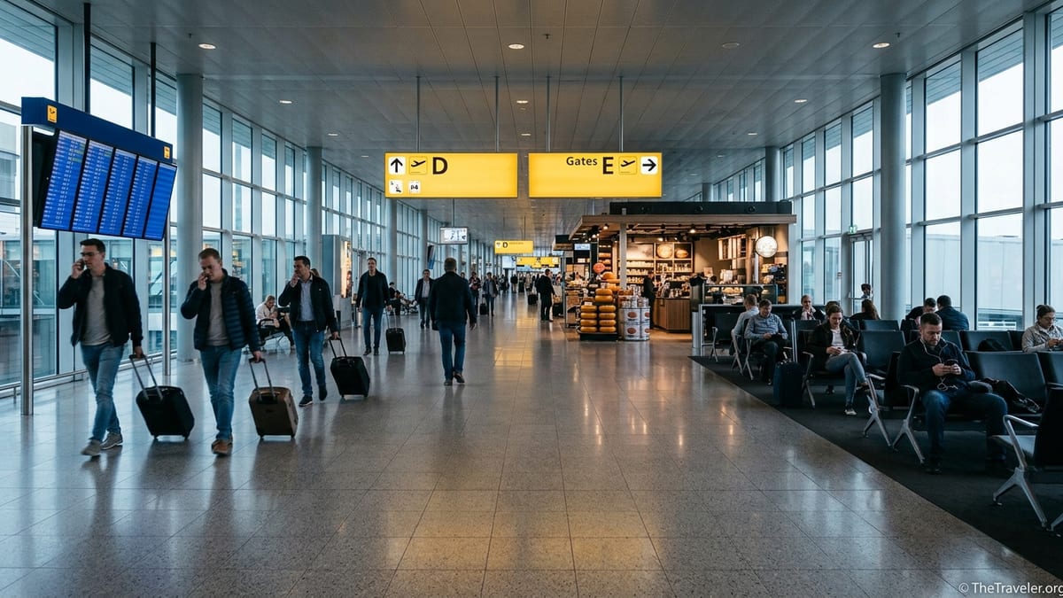 Travelers walking through Amsterdam Schiphol’s long concourse under yellow gate signs in the early morning light.