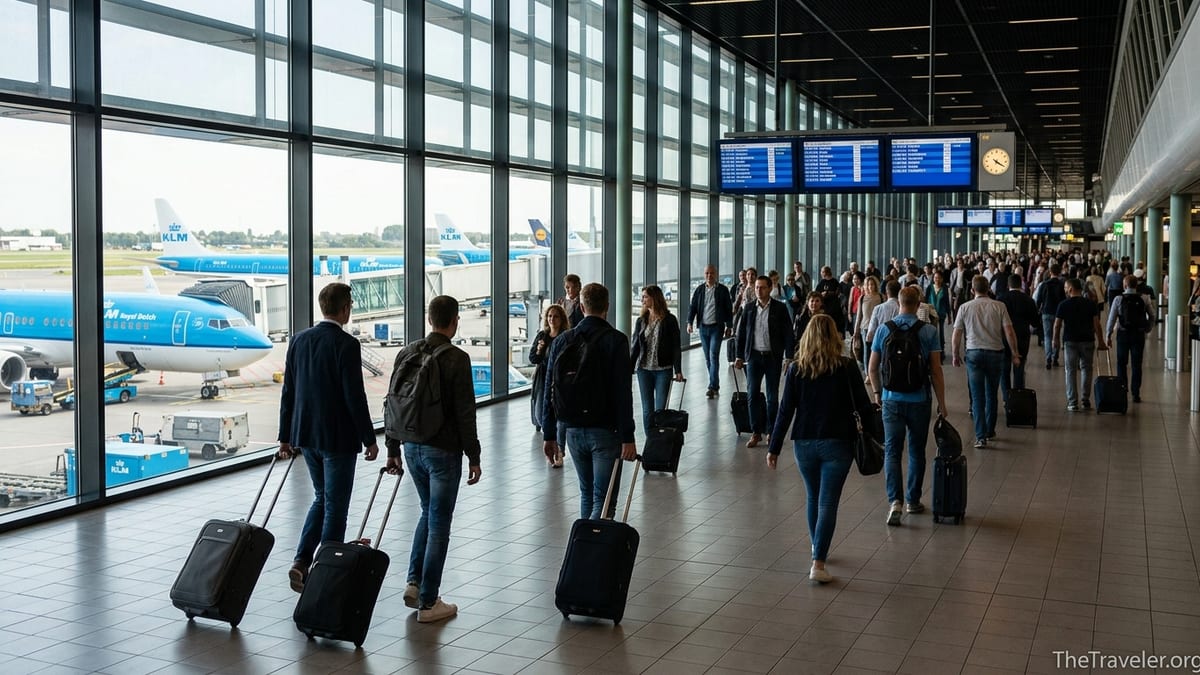 Passengers walking through Amsterdam Schiphol concourse with KLM aircraft at the gates.