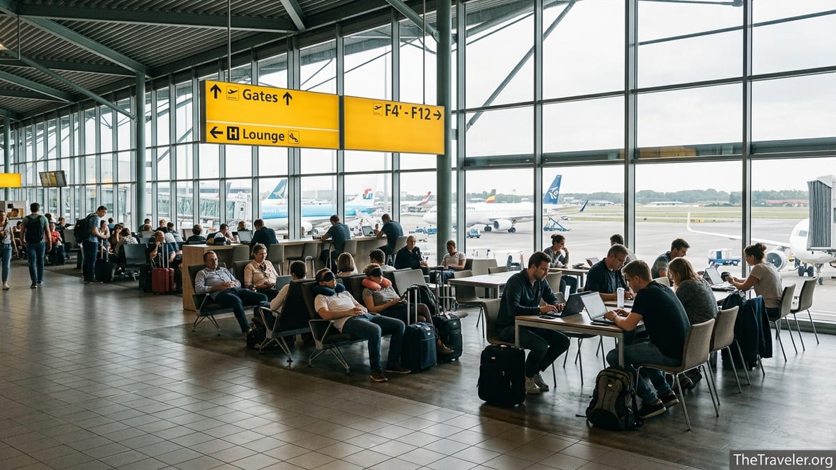 Travelers resting and working in a bright lounge area at Amsterdam Schiphol Airport.
