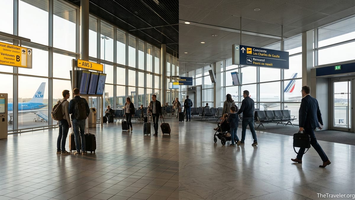 Wide airport concourse evoking both Amsterdam Schiphol and Paris CDG with travelers and morning light.