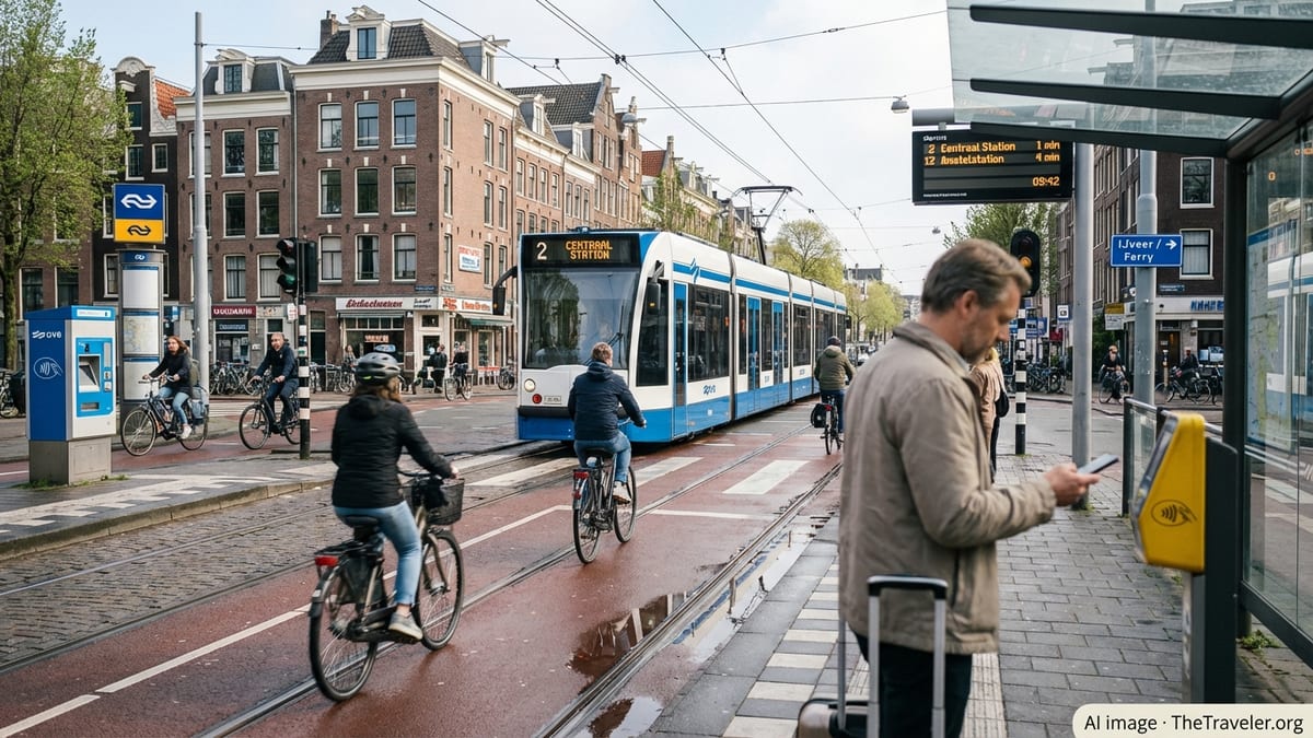 Amsterdam tram intersection with passenger checking in at tram stop, in natural daylight.