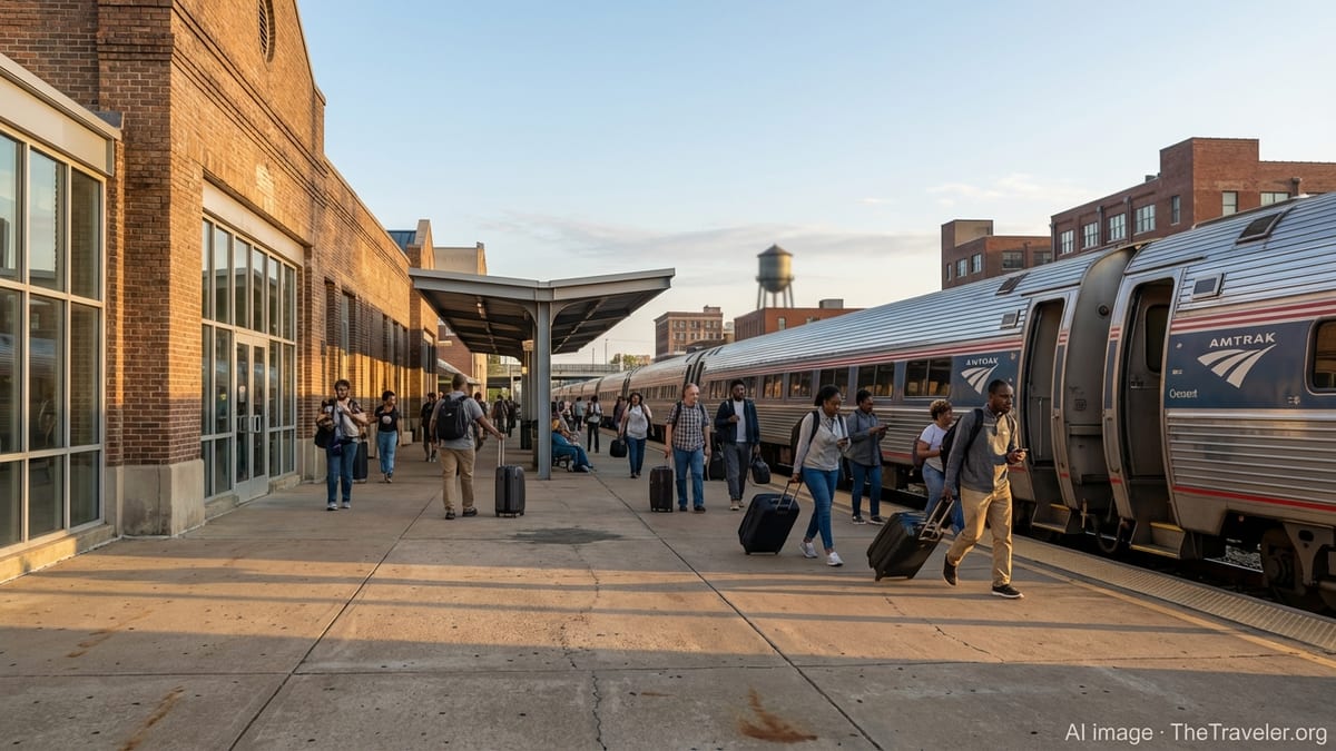 Amtrak Crescent train boarding passengers at Birmingham, Alabama station at sunrise.