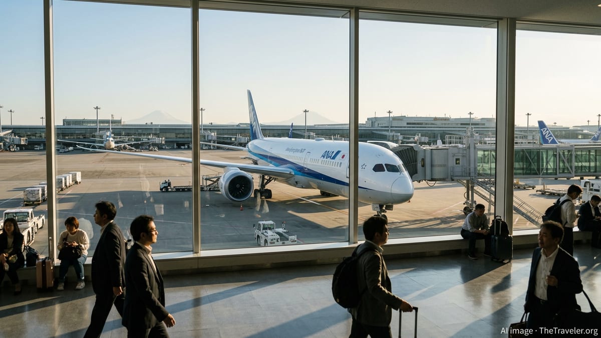 ANA widebody aircraft at a Tokyo airport gate seen through terminal windows at golden hour.