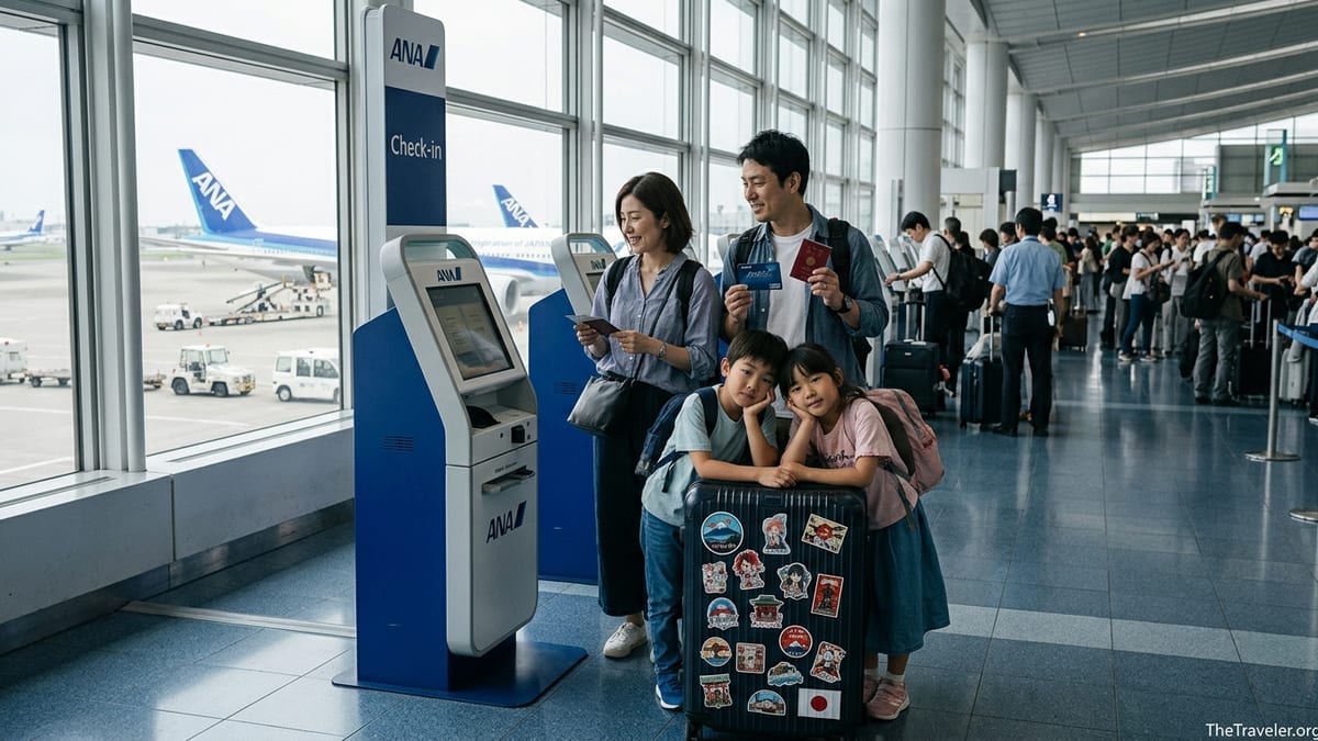 Family at Tokyo Haneda Airport holding ANA cards near check-in area.