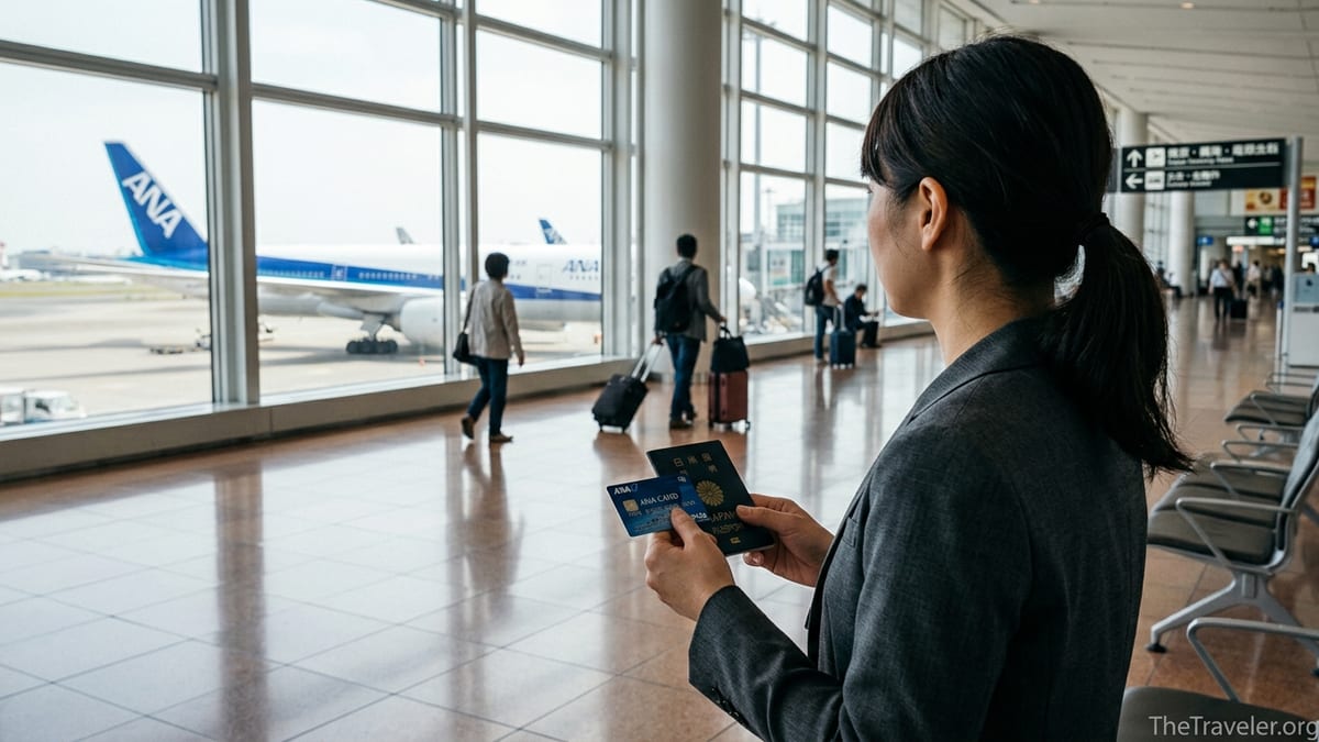 Traveler holding an ANA credit card and passport at Tokyo Haneda Airport overlooking an ANA jet.