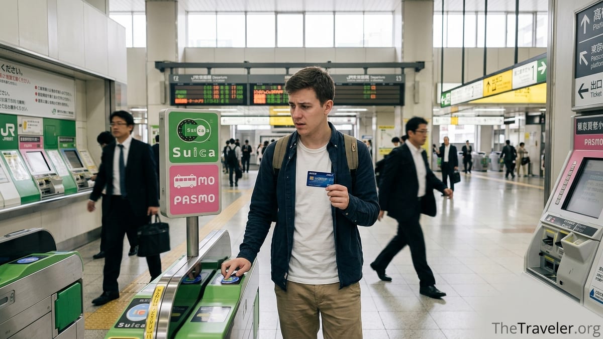 Traveler holding an ANA card, hesitating between ticket gate and machine in a busy Tokyo station.