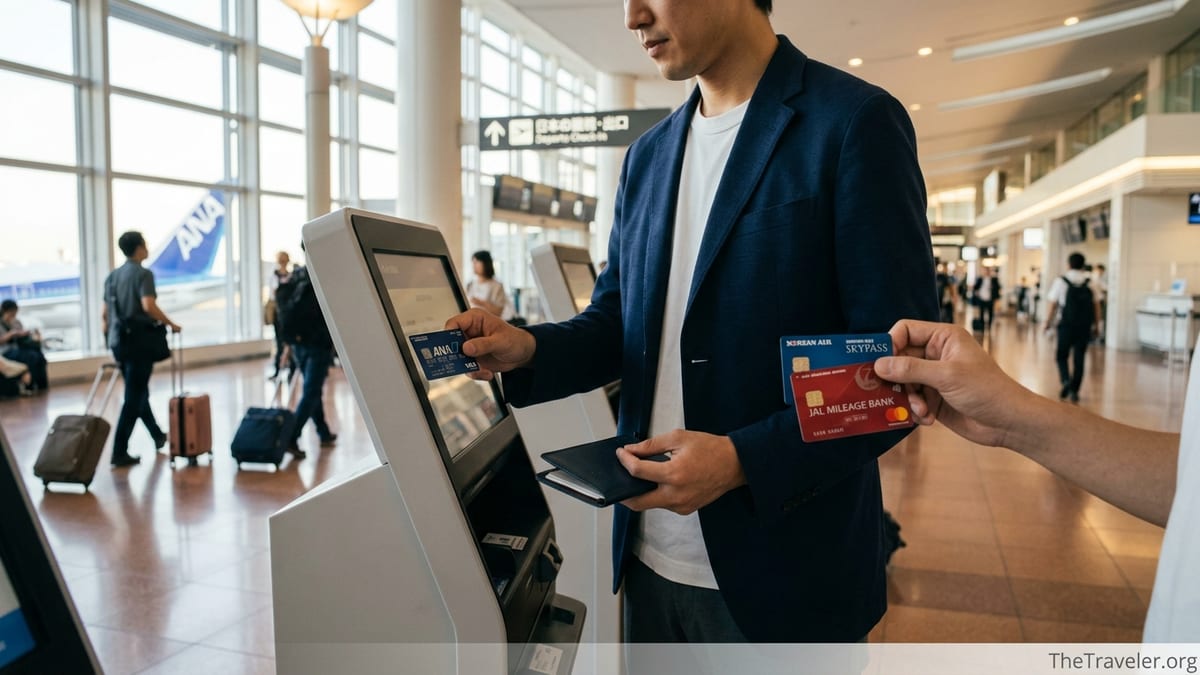 Travelers at Haneda Airport comparing ANA, JAL, and Korean Air credit cards at check-in kiosks.